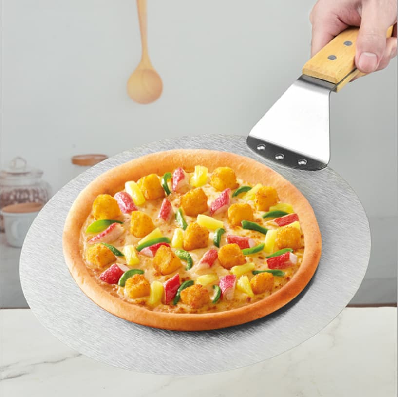 Stainless Steel Pizza Peel 10-inch Large Thick Wooden Handle Pizza Cutter, Round Cake Transfer Spatula
