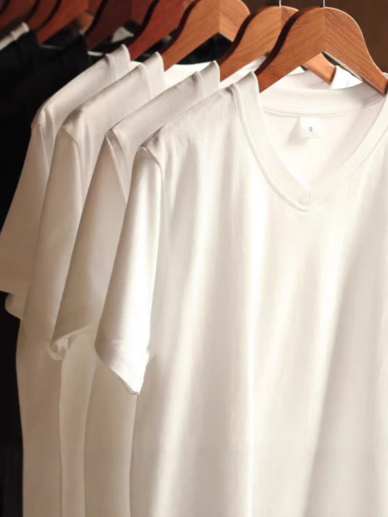 Summer Solid V-Neck Short Sleeve New Cotton Breathable Thin Trendy Simple Versatile Casual Base Top for Men