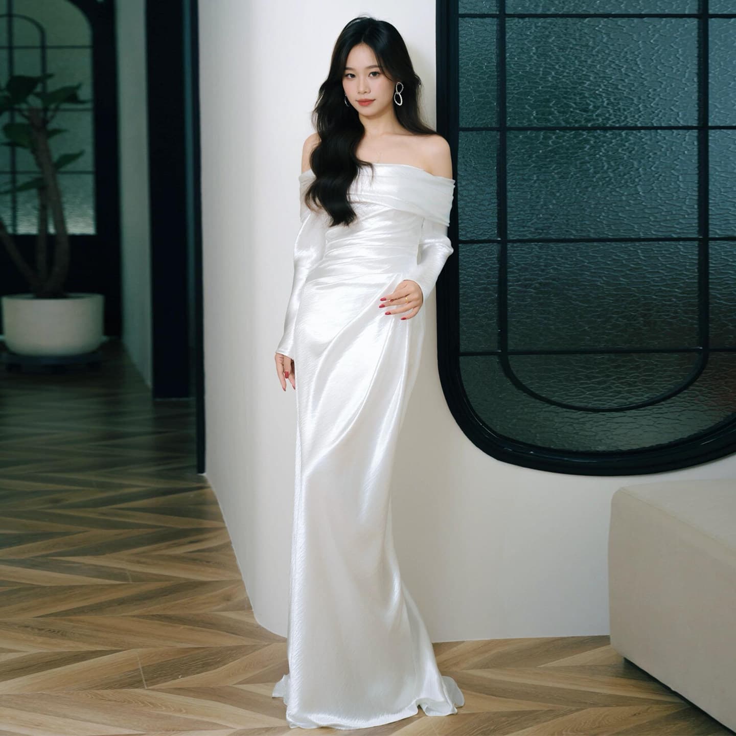 French Mermaid Light Wedding Dress Bride Simple One-Shoulder Satin Elegant Long Sleeve Wedding Dress White Engagement Dress