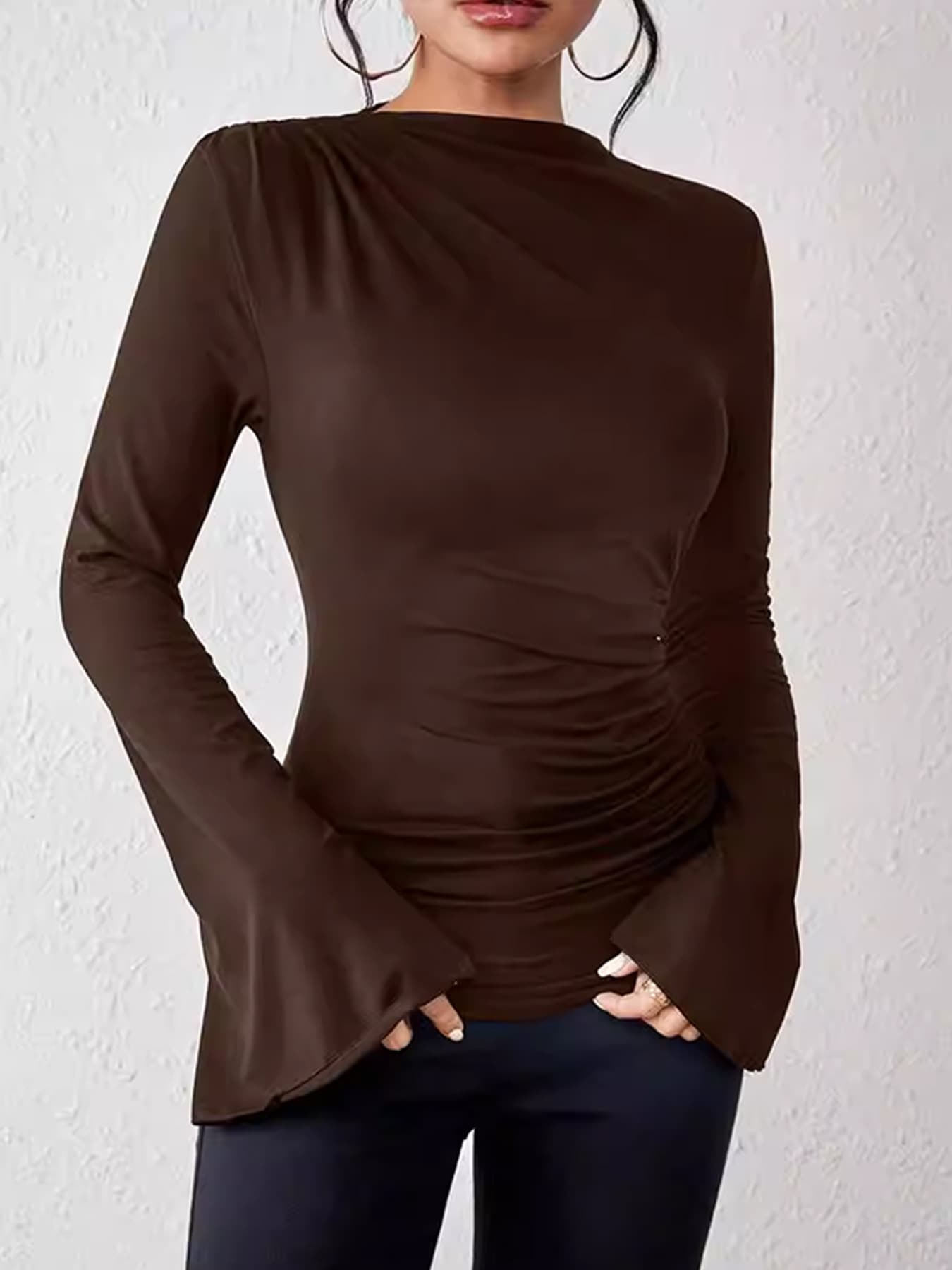 Amazon New Fall/Winter Base Top with Pleated Design, Flared Sleeves, Semi-High Neck, Sexy Slim Fit T-Shirt for Women