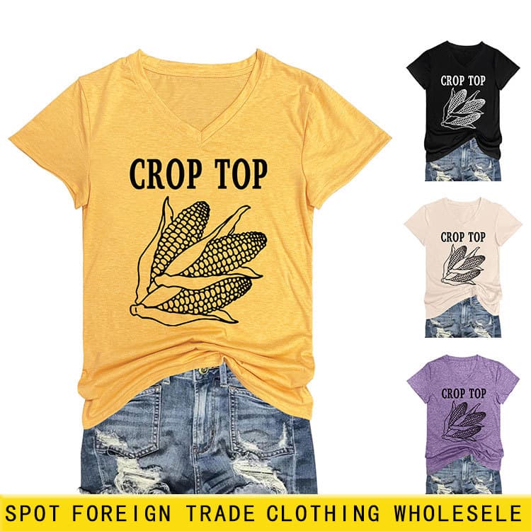 Amazon Casual V-neck Short-sleeved CROP TOP Corn Fashion Cool Summer Comfortable T-shirt Foreign Trade Base Shirt Women