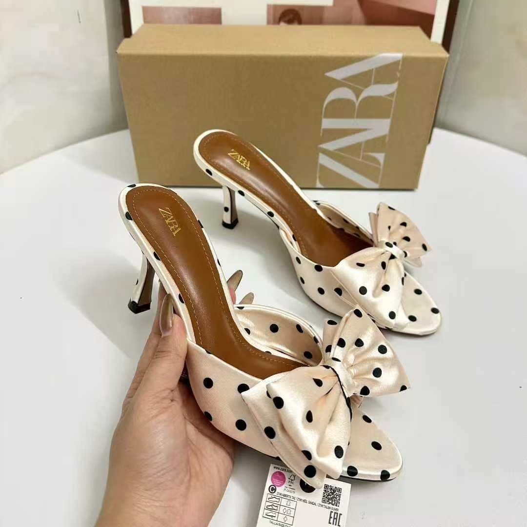 Fashionable Casual Vacation Women's Sandals Summer New Black and White Polka Dot Bow Pointed Toe Metal Chunky Heel Slide Sandals