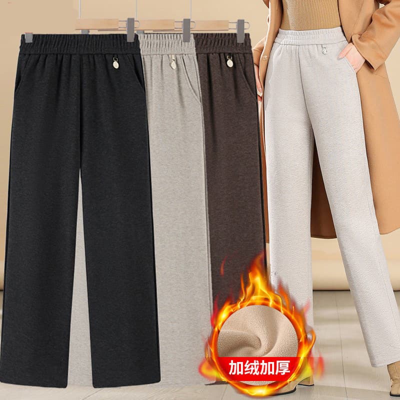 Mother's Pants - Spring, Autumn, and Winter - Wool Casual Wide-Leg Pants, Fleece Lined and Thickened - Middle-Aged and Elderly Women's Pants - Grandma Straight Leg Long Pants