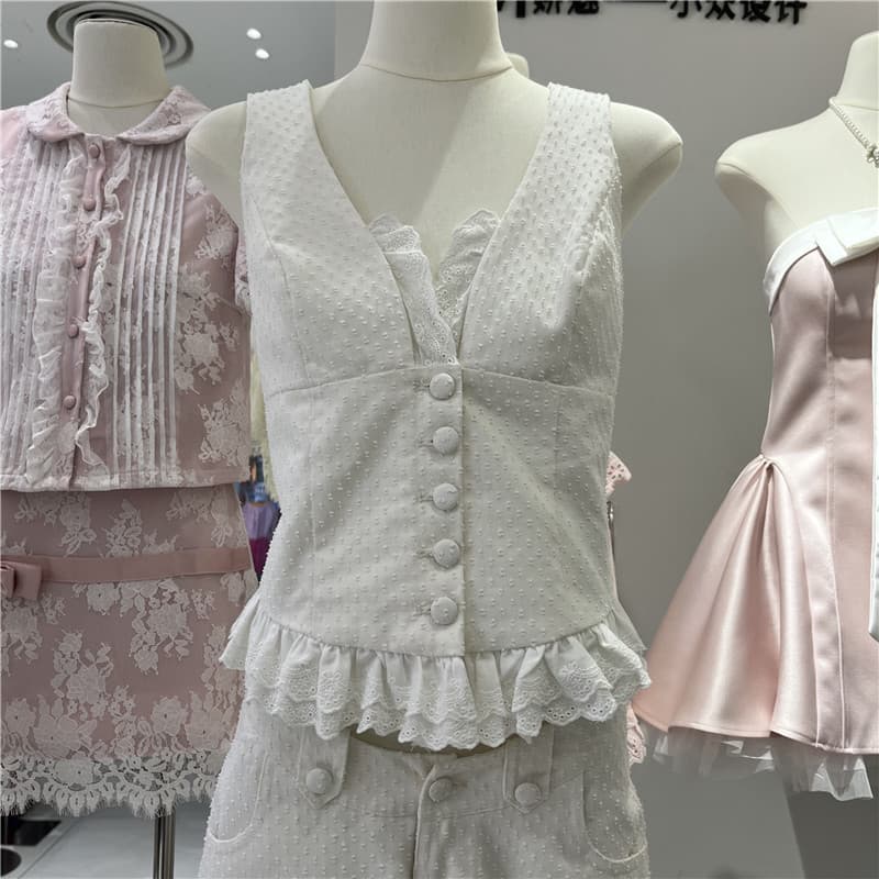 2026 Summer New Trendy Fashion Set Lace Trim Cardigan Vest + Straight Loose Wide Leg Pants Casual Trousers