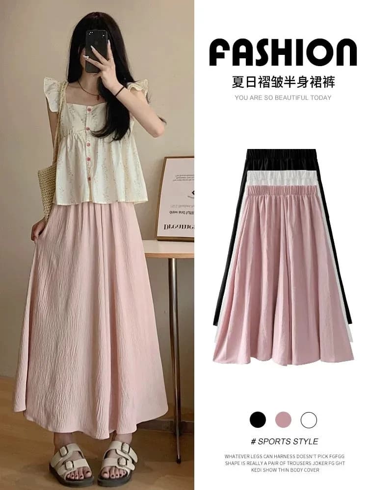 White Pleated Culottes for Women Spring Petite Flowy A-Line Skirt Pants Summer Forest Style High-Waist Draped Wide-Leg Pants