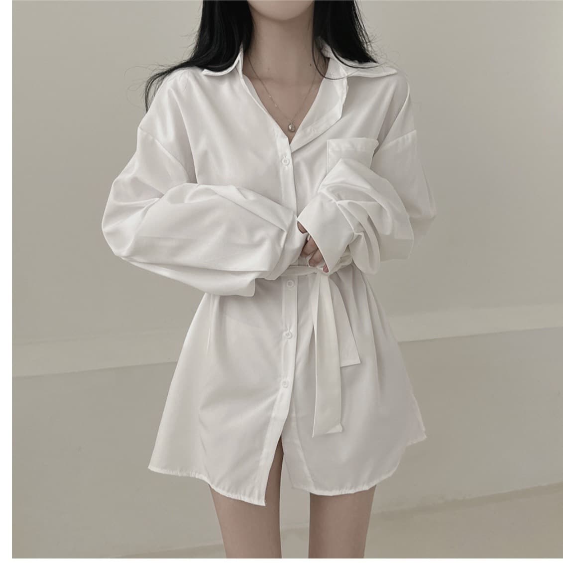 Chic Summer Loose-Fit Solid Color Tie-Front Sun-Protection Shirt Dress
