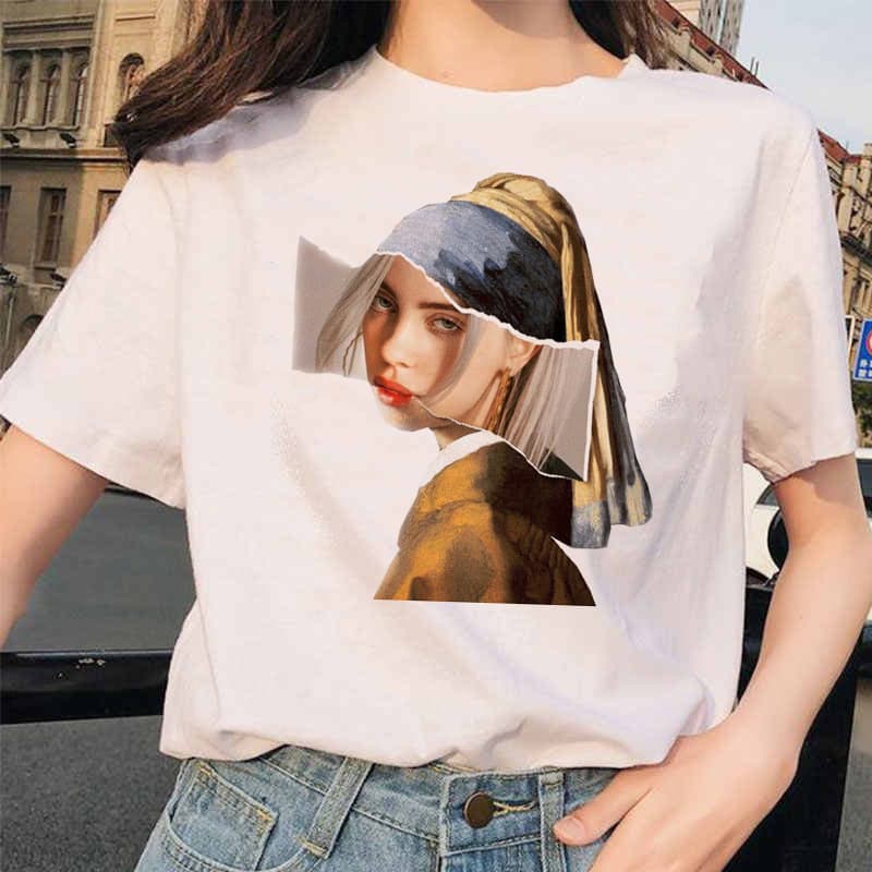Billie Eilish Girl with a Pearl Earring World Famous Painting Vermeer Short Sleeve T-Shirt Women's Base Layer