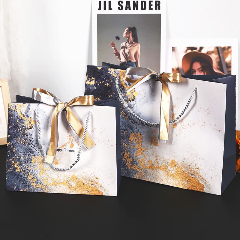 In stock marble pattern white cardstock bag with bow, holiday gift handbag, clothing store shopping bag, customizable