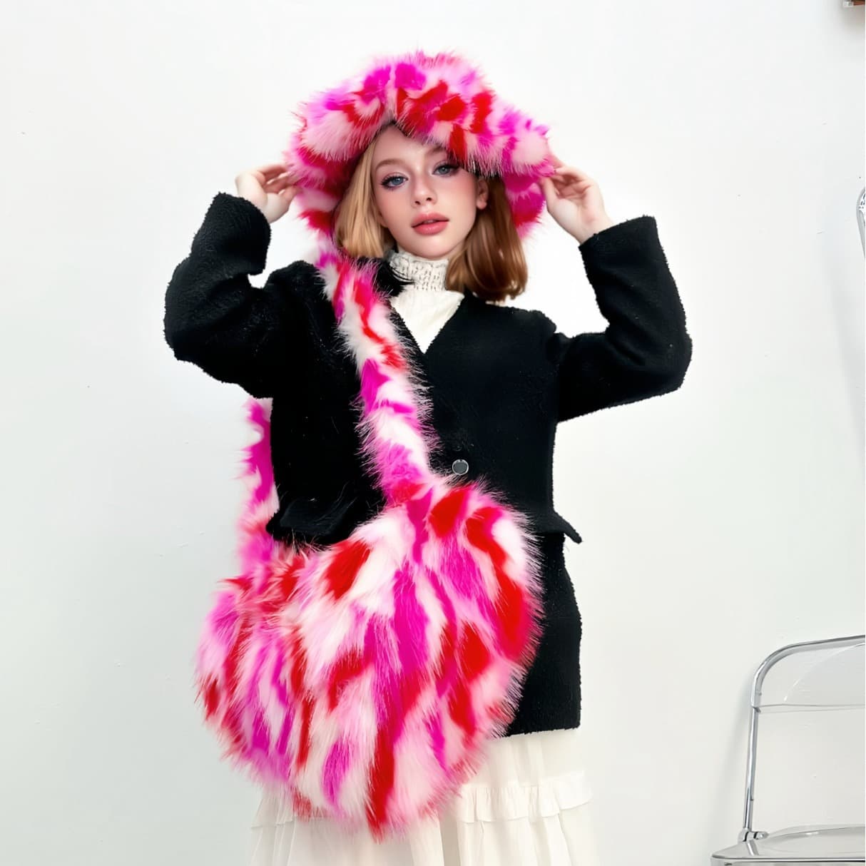2025 new Y2K European and American cross-border heart-shaped fox fur fur bag with plush fisherman hat complete set