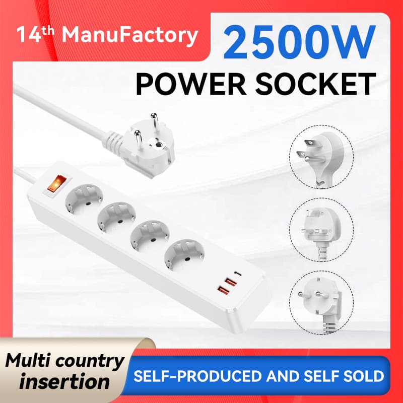 Factory Direct 2500W European Standard Power Strip with Switch, Lightning and Surge Protection Socket, German Standard