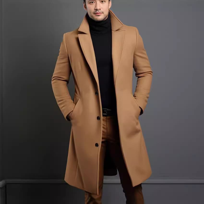 Amazon Foreign Trade Wool Coat Men Mid-Long Solid Color Autumn Winter Wool Overcoat Warm Youth Coat