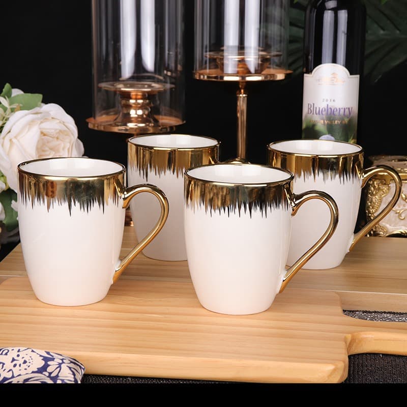 Gold-Traced Ceramic Cup Premium Mug Water Cup Electroplated Household Breakfast Cup with Handle Water Cup Drum-Shaped Cup
