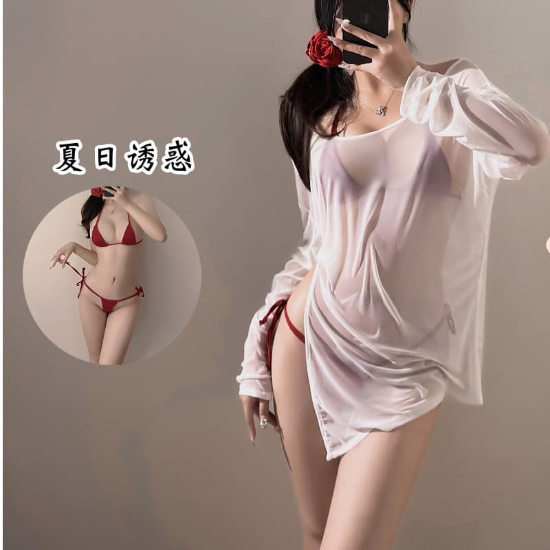 Sexy Pure Desire Long Sleeve Semi-Transparent Summer Ice Silk Bikini Beach Temptation Sexy Three-Point Cover up plus Size