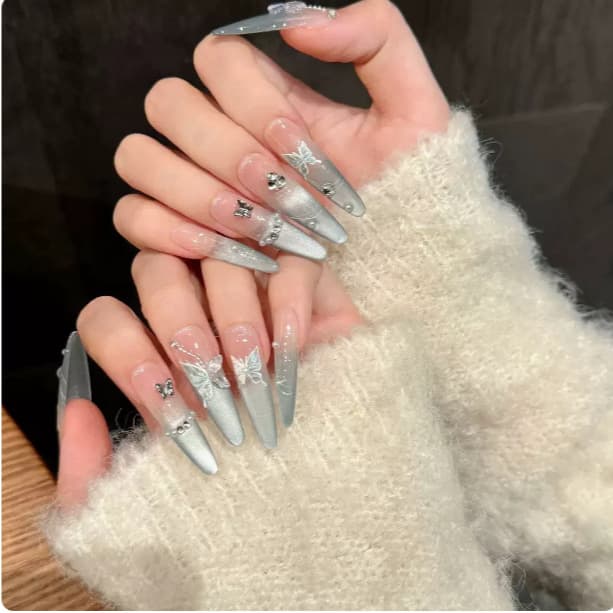 1 Mint Mambo Handmade Press-On Nails Luxury Long Style 4.0 Slim Long Pointed Cat Eye Nail Tips