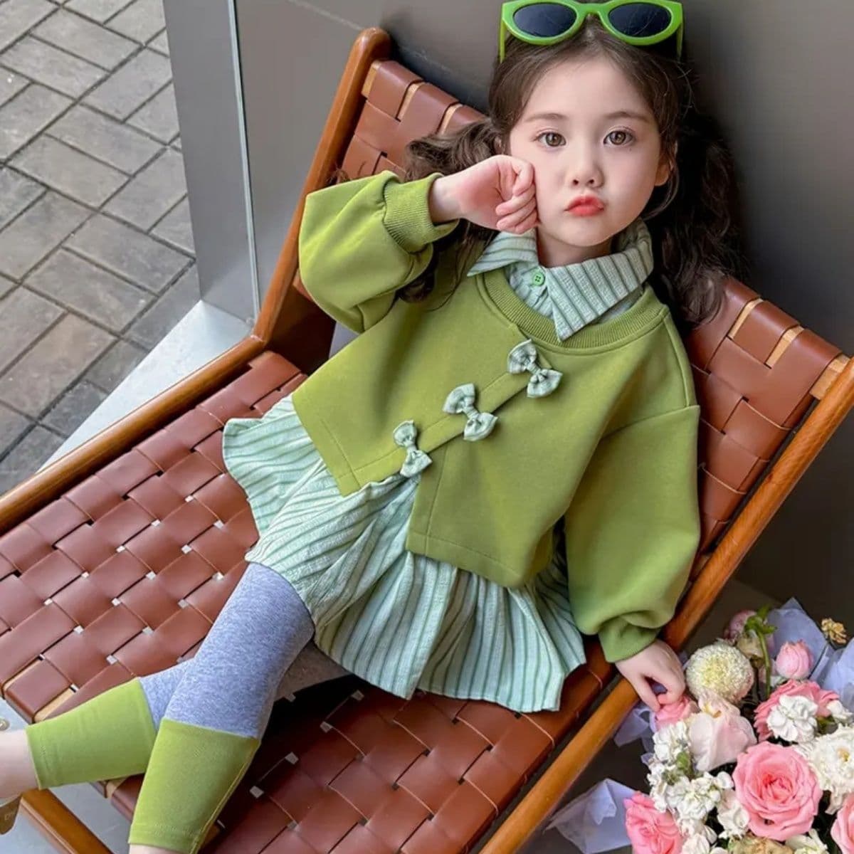 Girls' Spring/Autumn Cotton Knit Korean Style Set, Baby Trendy Long-Sleeve Hoodie Leggings Outfit Complete Set