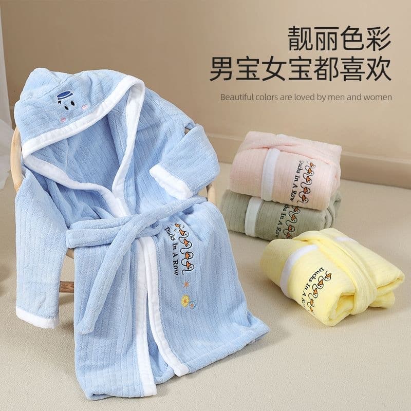 Children's Bathrobe Coral Fleece Cartoon Embroidered Hooded Warm Homewear for Middle and Older Kids Thickened Bath Baby Pajamas