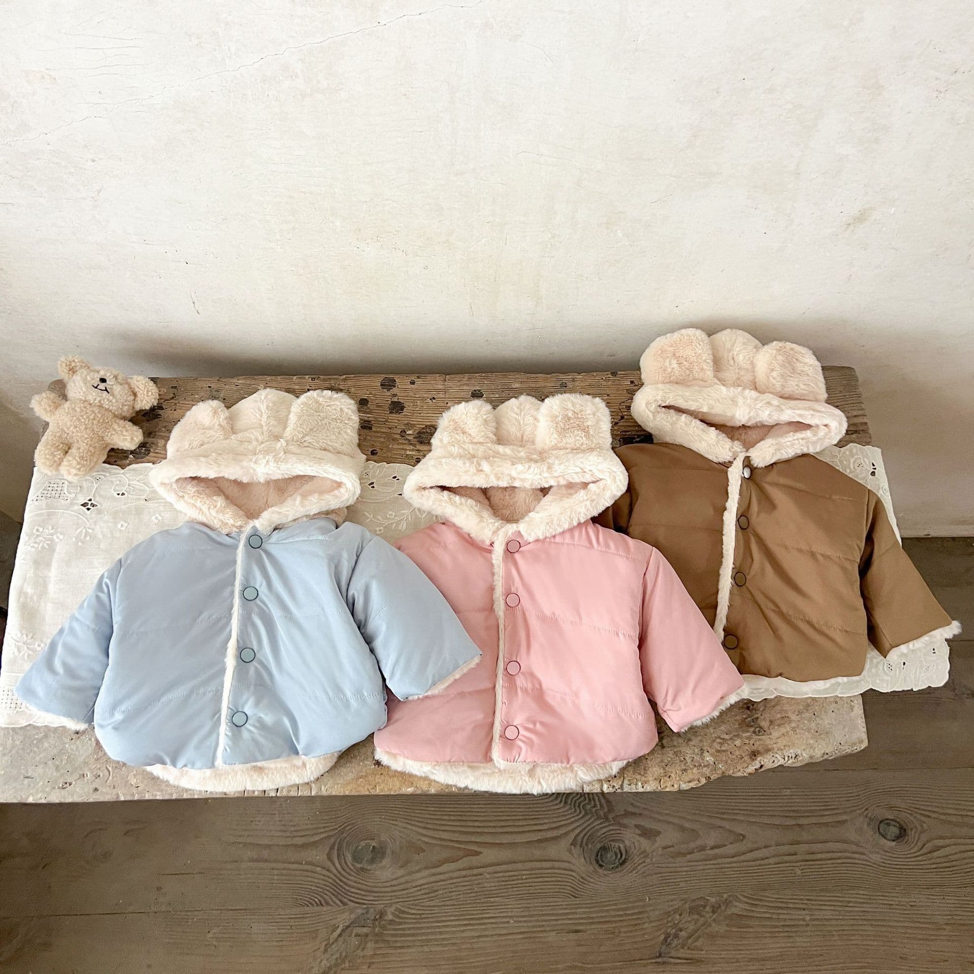 Instagram Korean Style Unisex Kids Baby Winter Solid Color Furry Hooded Candy Color Fleece-Lined Quilted Thick Cotton Jacket