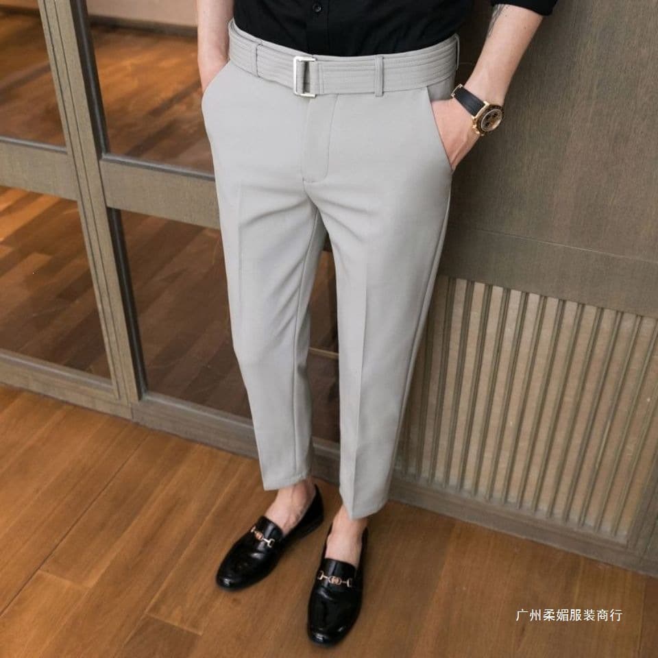 New Men's Fashion Summer Thin Long Dress Pants Slim Fit Tapered Casual Korean Style with Belt