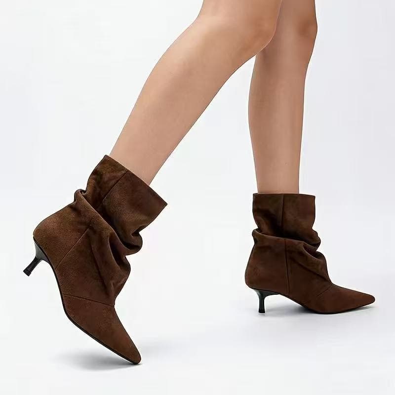 Fashionable Pleated Mid-Calf Short Boots for Women, Pointed Toe, 2026 Mid-Heel Short Boots, European and American Style Suede Boots, European and American Foreign Trade Women's Shoes