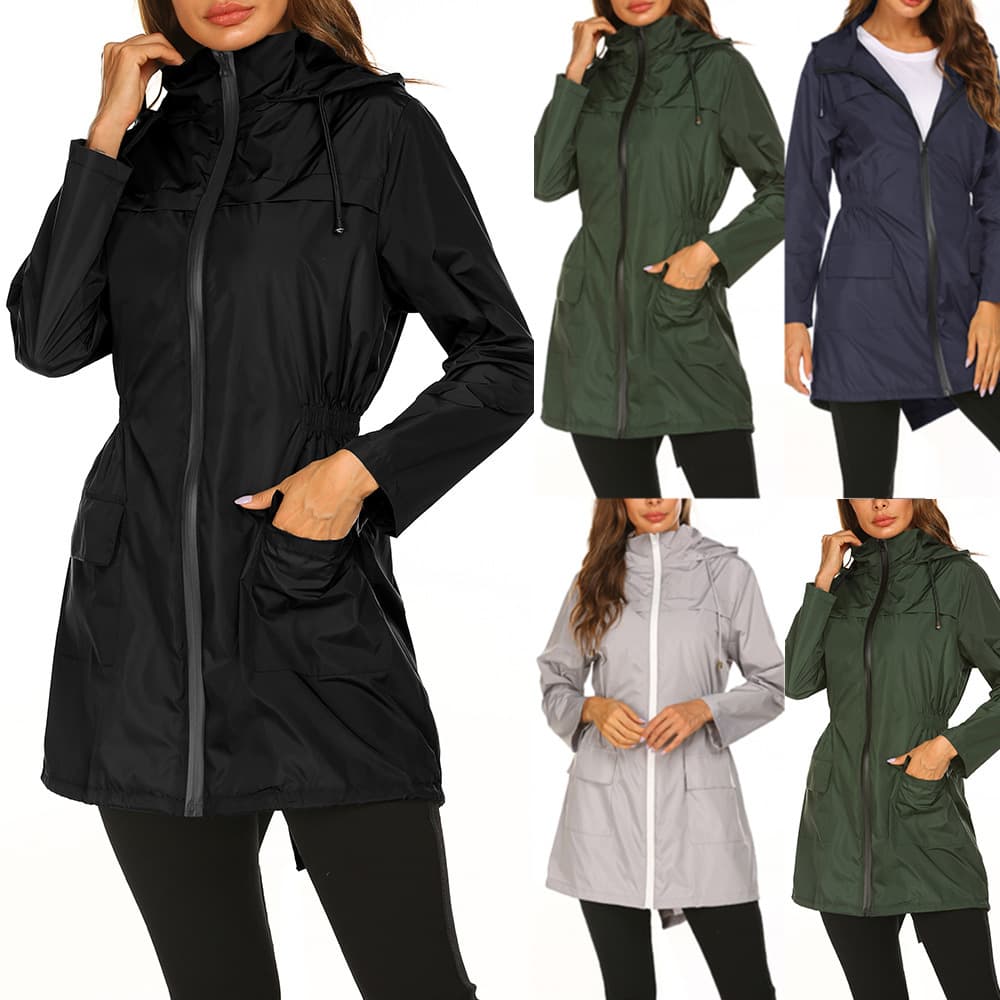 Amazon Autumn/Winter Women's New Outdoor Windbreaker, Waist-Cinching Hooded Lightweight Raincoat (In Stock)
