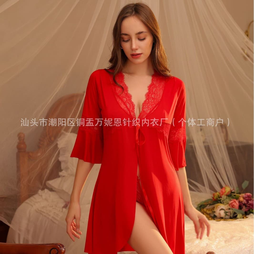 Spring and Summer New Solid Color Sleepwear Sexy Sweet Lace Cardigan Tie Robe Bathrobe Women Lingerie Set