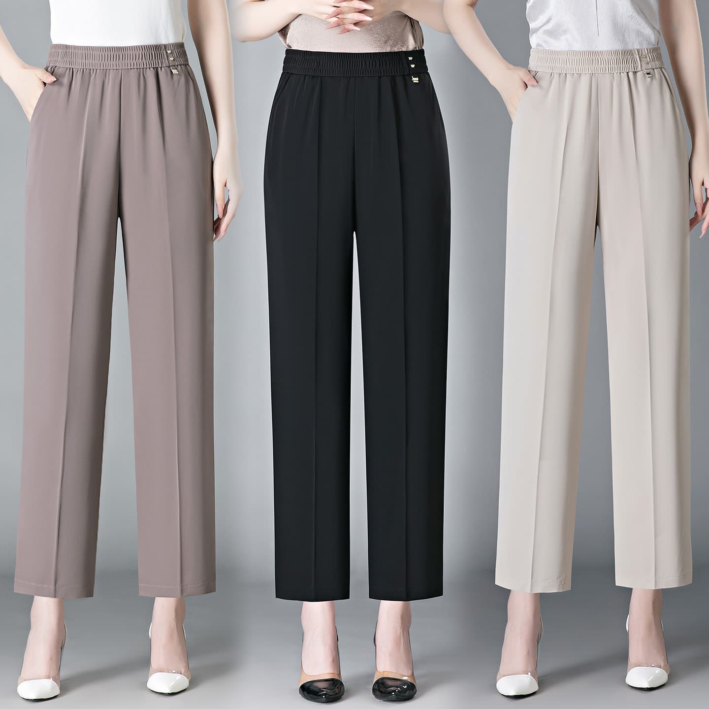 Women's Summer High Waist Loose Ice Silk Straight Leg Pants for Middle-aged and Elderly, Slimming Draping Nine-tenths Casual Pants