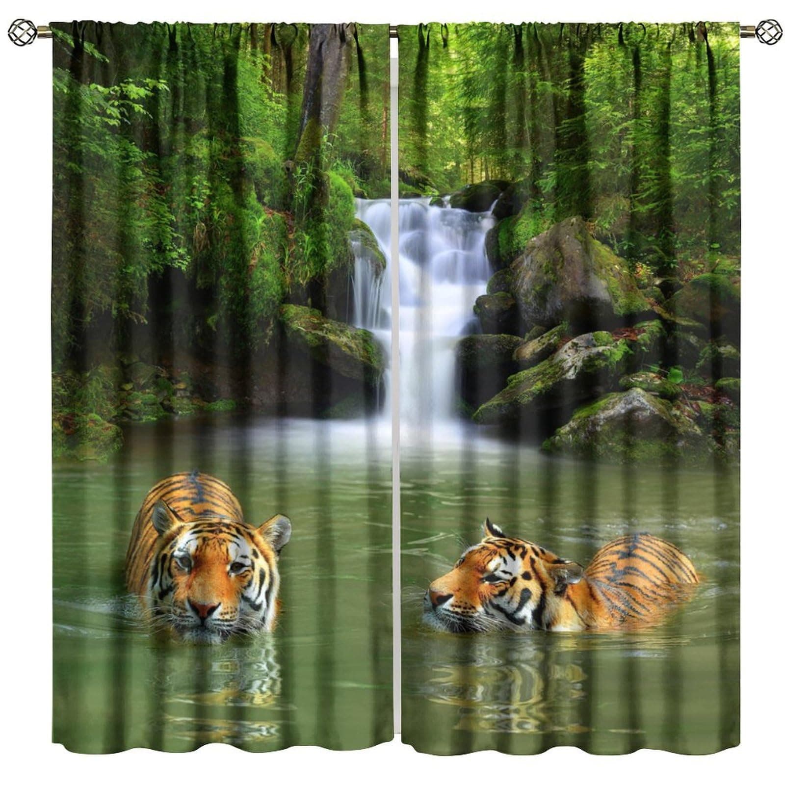Cross-border wholesale woodland natural scenery and animals tiger waterfall pictures digital printing curtains bedroom living room manufacturers