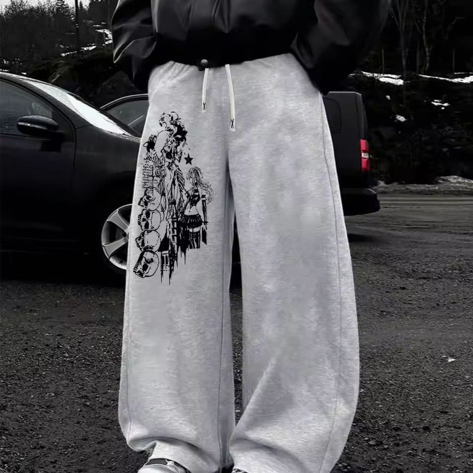 Spring and Autumn New Y2K Dark Gothic Skull Print Loose Slim Men's and Women's Lace-Up Sports Pants Wide-Leg Sweatpants