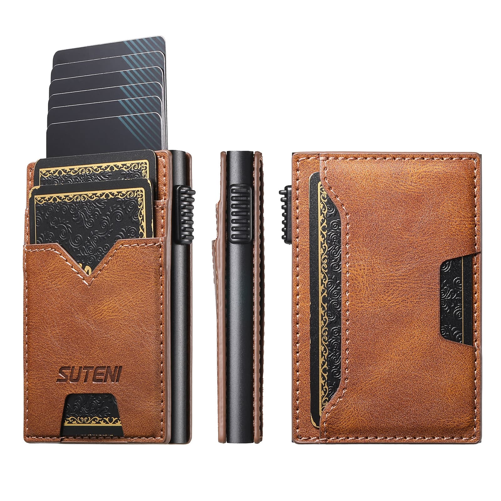SUTENI Waxed Leather Smooth Surface Button Auto Pop-up Card Holder for Men Credit Card Insert Card Slot