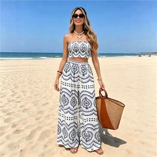 2026 New Bohemian Vacation Plant Print Short Crop Top Wide Leg Pants Fashion Two-Piece Set