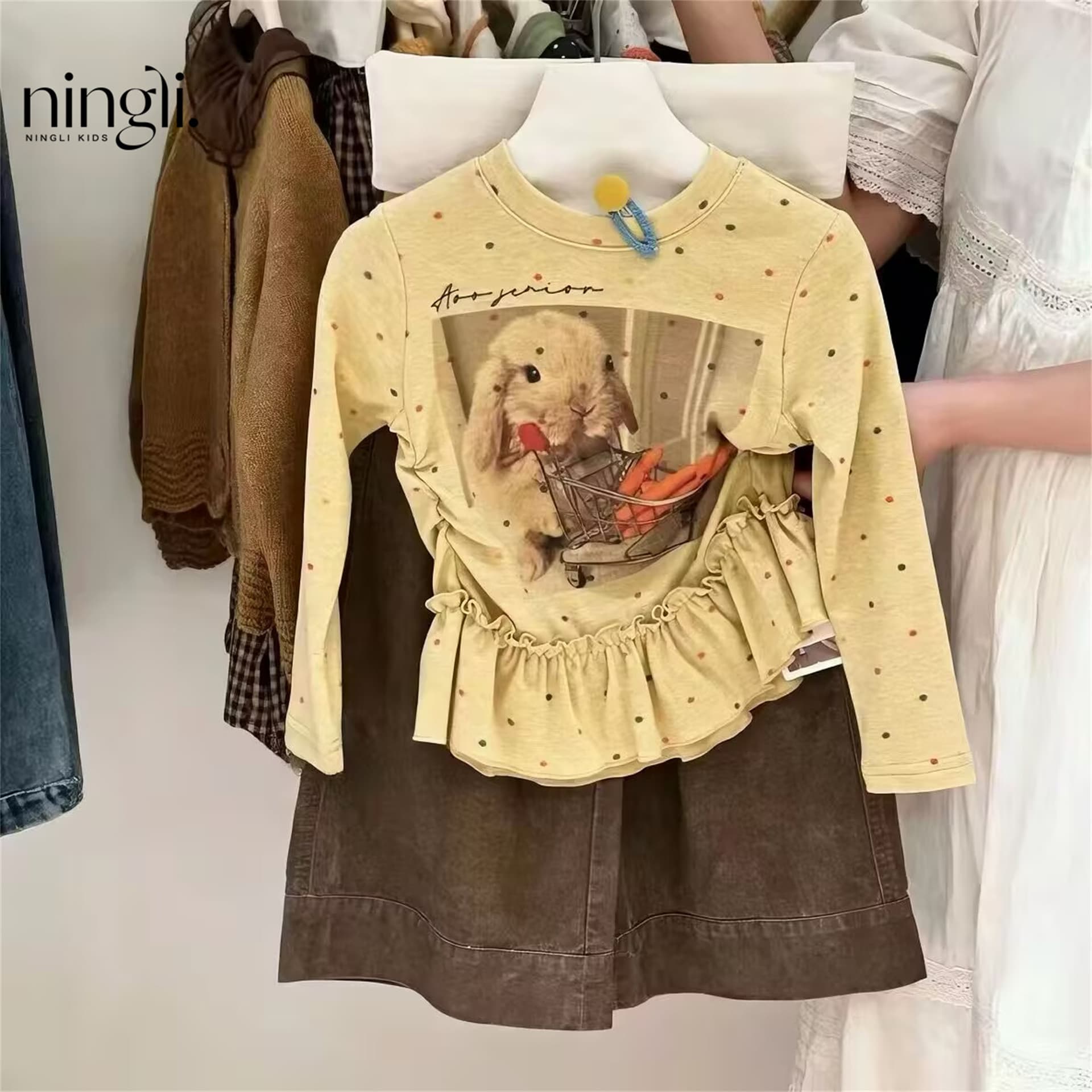 Ningli Girls' Cartoon Rabbit Print Long-Sleeve Set, Spring/Fall Long-Sleeve Ruffle Top with Wide-Leg Pants, 2-Piece Outfit