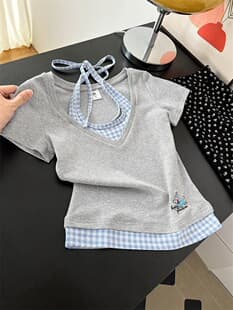 1*1 Modal Unique Design Milk White Pink Plaid Halter Top Short Sleeve Women's New Summer Fashion Blouse