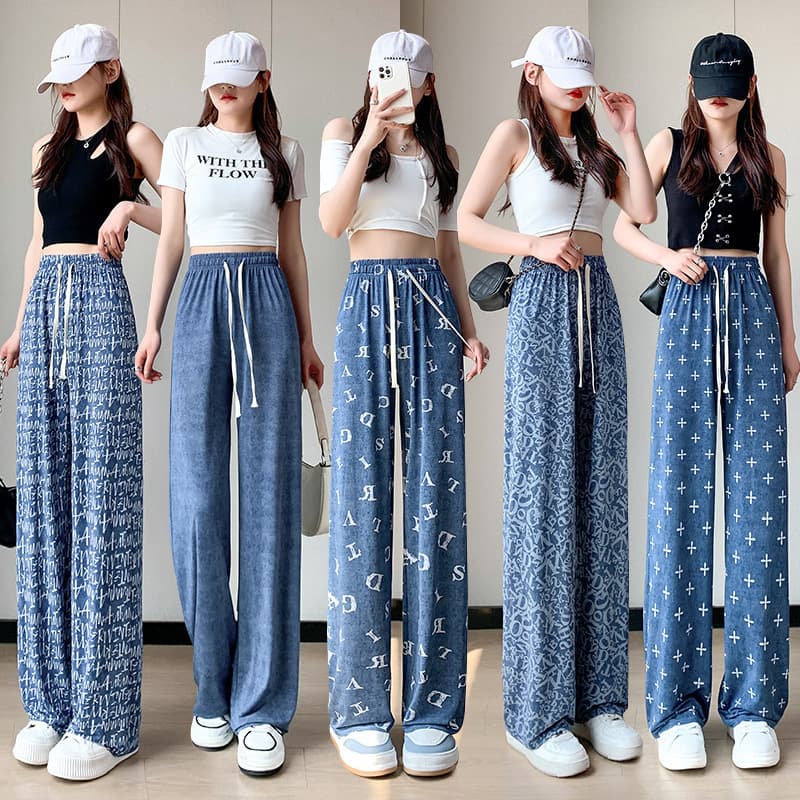 Ice Silk Denim Wide-Leg Pants Women Printed Thin Casual Pants High-Waist Loose Draped Floor-Length Pants Ice Silk Cool