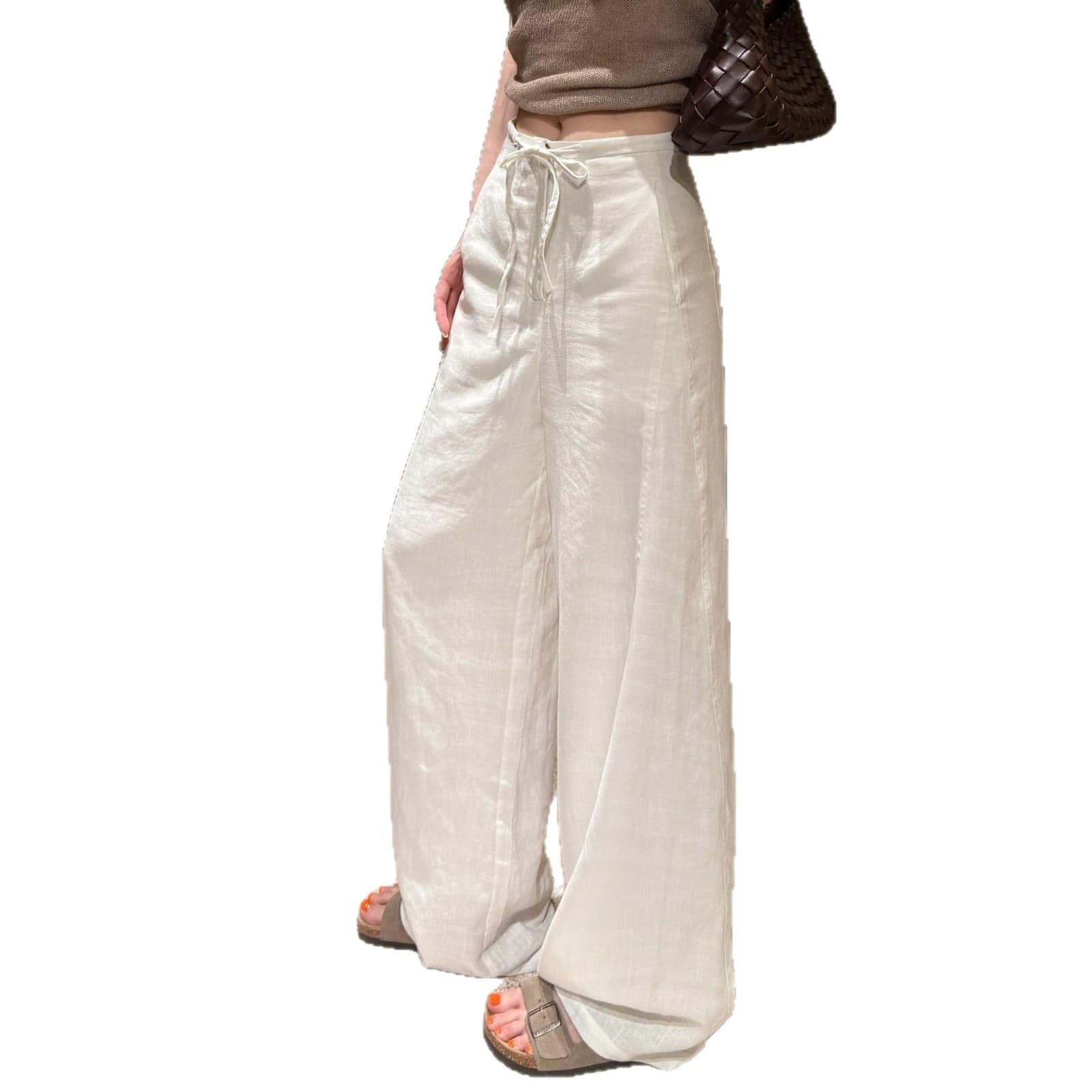 Women's White Tencel Linen Wide-Leg Pants Summer Thin Cotton Linen Ramie Straight Casual Pants Lazy Draping Floor-Length Trousers
