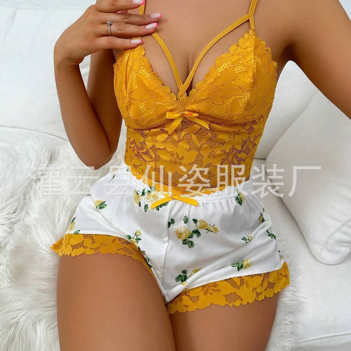 Cross-Border Export Hot Selling Sleepwear Lace Homewear Sexy Lingerie Camisole Shorts Sleepwear Set eBay Women