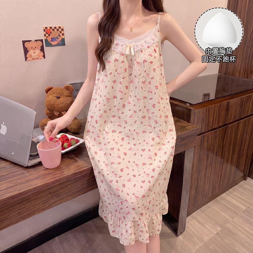 Yunduo cotton nightgown women's new summer with breast pads sweet floral suspender pajamas dress thin home clothes can be worn outside