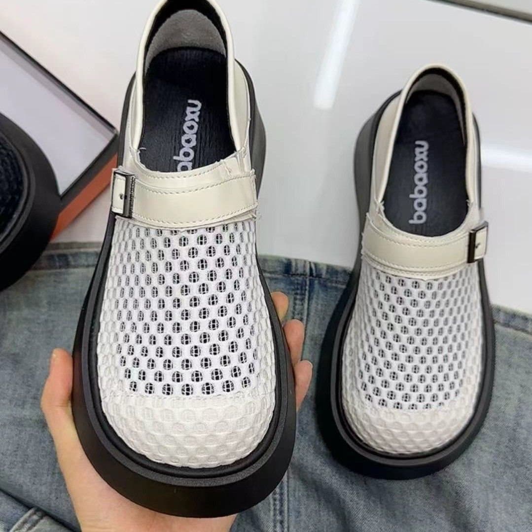 Thick-Soled Height-Increasing Mesh Loafer Shoes 2026 Spring/Summer New Style Versatile Hollow Breathable Lace-Up British Leather Shoes