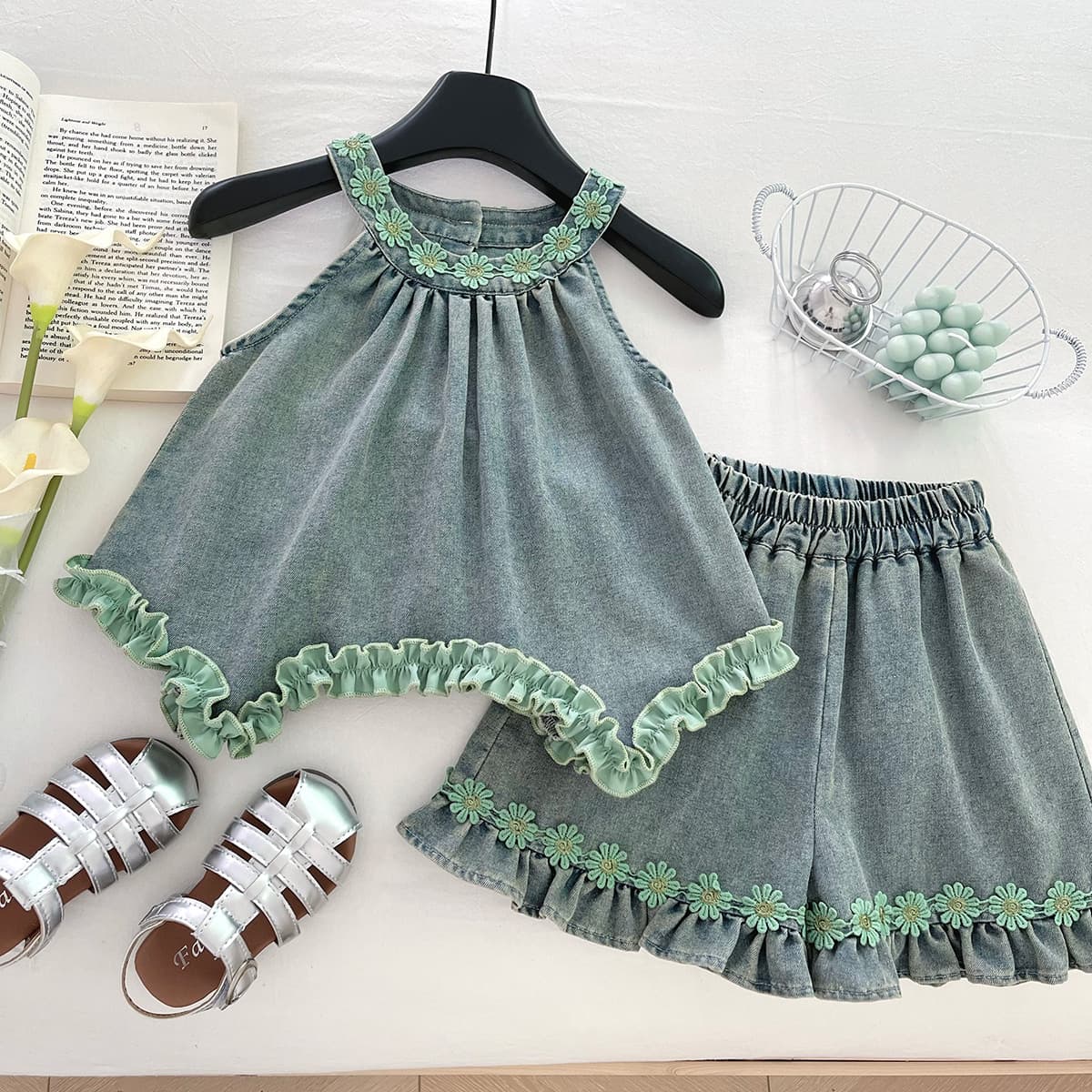 Girls' Denim Set 2026 Summer New Girls' Heart Open Back Halter Top and Shorts Two-Piece Set Trendy