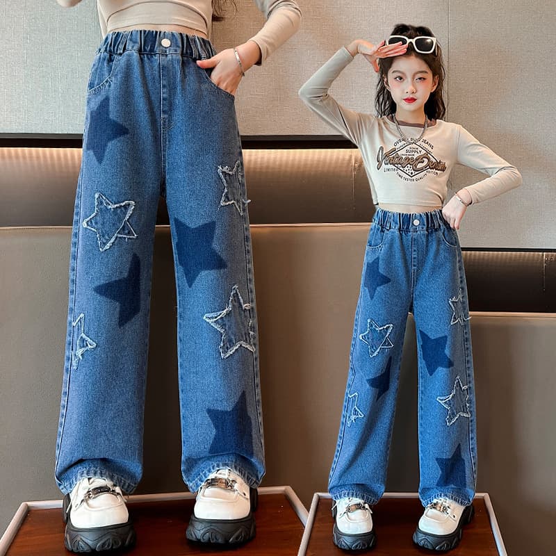 Cross-border wholesale girls' jeans, spring and autumn wide-leg pants for girls, children's fashionable denim long pants, big kids' trousers
