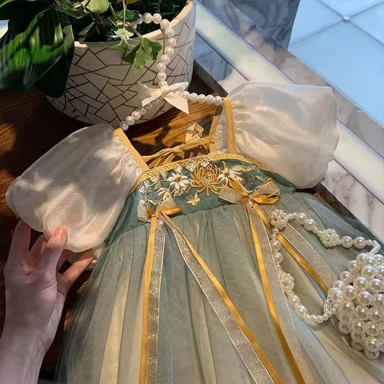 Summer Girls' Little Dress, Fairy Mesh Princess Style Puffy Skirt, New Hanfu Element Children's Short Sleeve