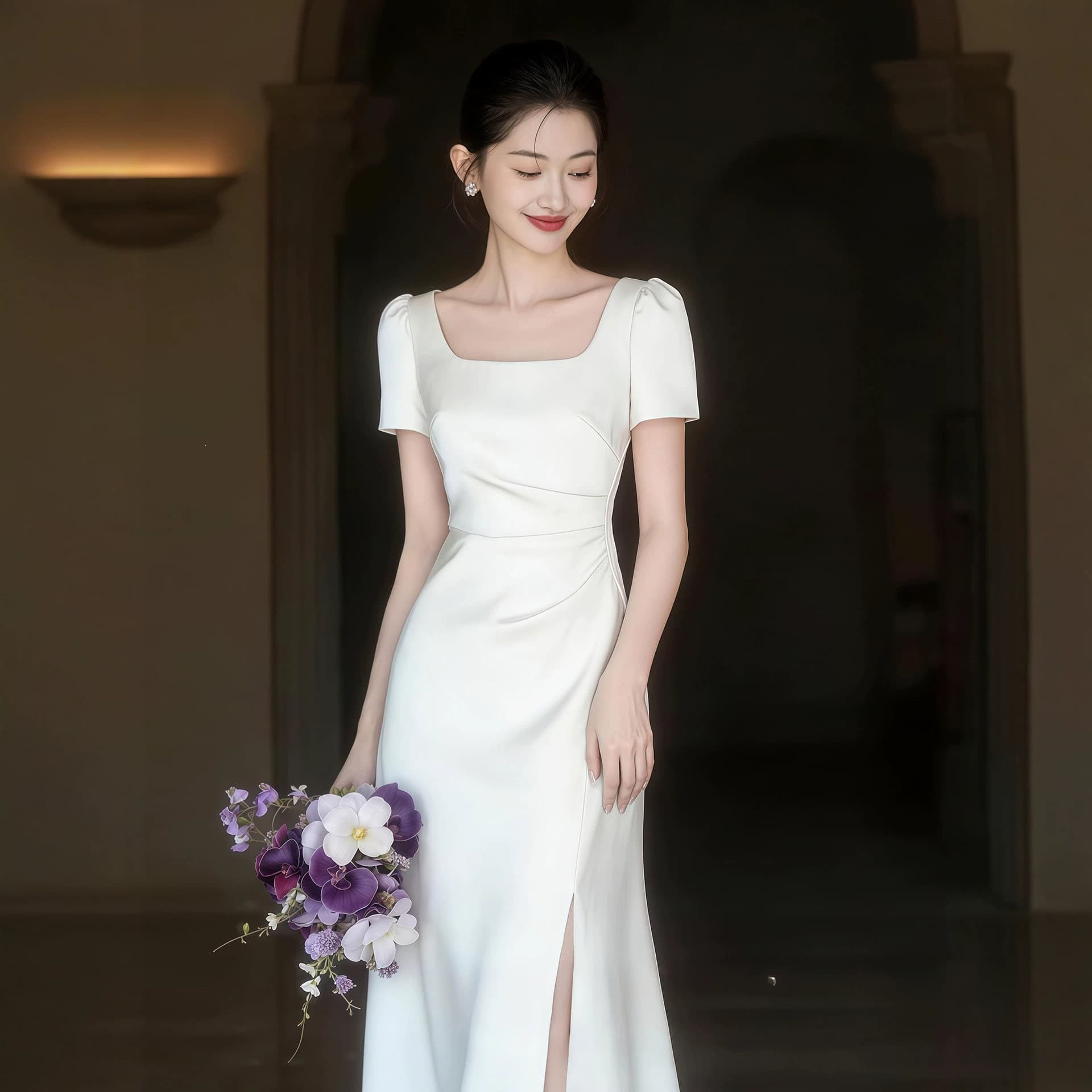 White Dress for Women, French Engagement Dress for Marriage Registration, Little White Dress for Bride Light Wedding Morning Dress, Daily Wearable