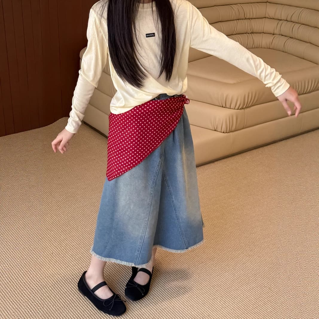 Washed distressed denim midi skirt for girls and toddlers, Hong Kong style retro fashion denim maxi skirt with frayed edges