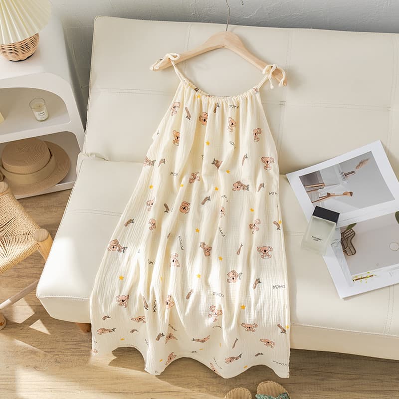 2026 Summer Women's Pure Cotton Double-Layer Gauze Nightgown, Japanese Cartoon Camisole Sleep Dress, Wearable Outside
