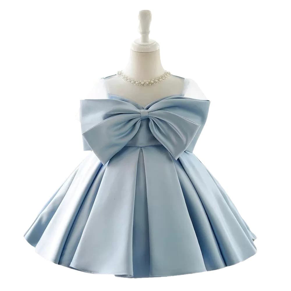 2026 New Baby Girl 1st Birthday Dress, Blue Satin European-American Princess Dress with Bow