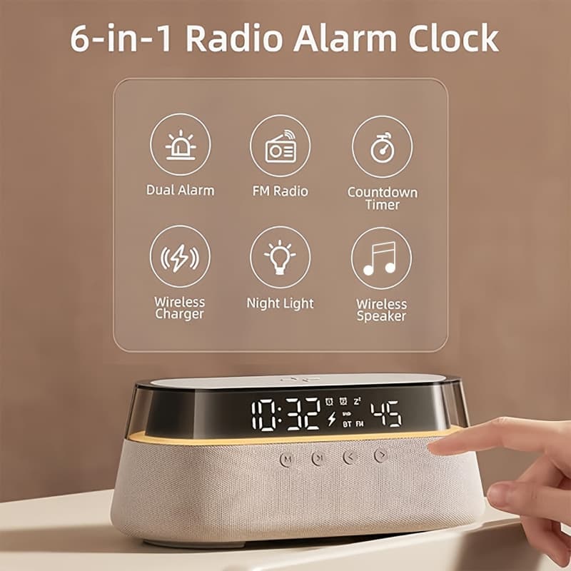 2026 New Cross-border 6-in-1 Digital Alarm Clock Bedside Clock Radio