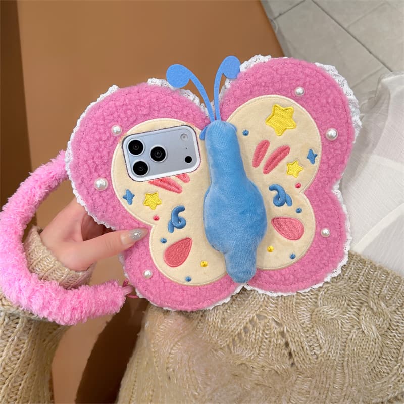 Flip Plush Mirror Phone Case for 17 Pro Max, Compatible with 16 Pro Butterfly Lanyard 15 Pro/14 Pro Protective Cover