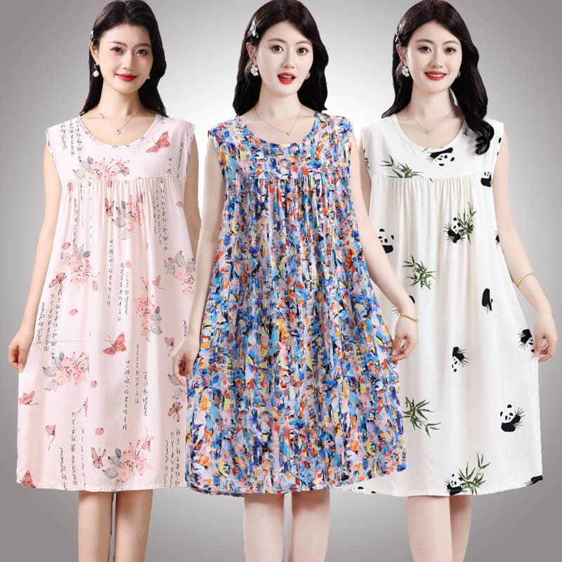 Cotton Silk Nightgown Women's Summer Middle-aged Pajamas Artificial Cotton Sleeveless Dress Mid-length Casual Home Clothes Mother's Clothes