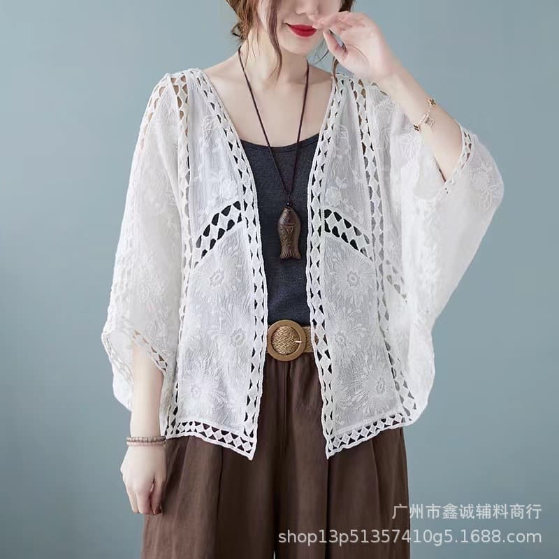 Knitted Open-Front Cardigan for Women, Lightweight Lace Top, Sun Protection Shirt, Air Conditioning Cover-Up, Versatile Travel Shawl
