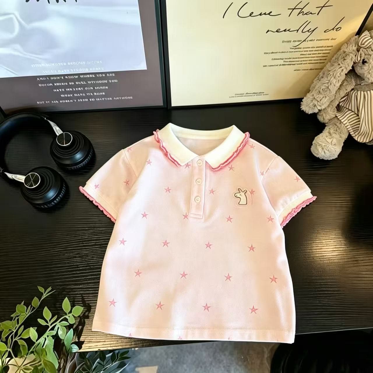 Girls Short Sleeve 2026 Summer New Sweet Polo Collar Stylish Korean Style Pink Cartoon Star Print