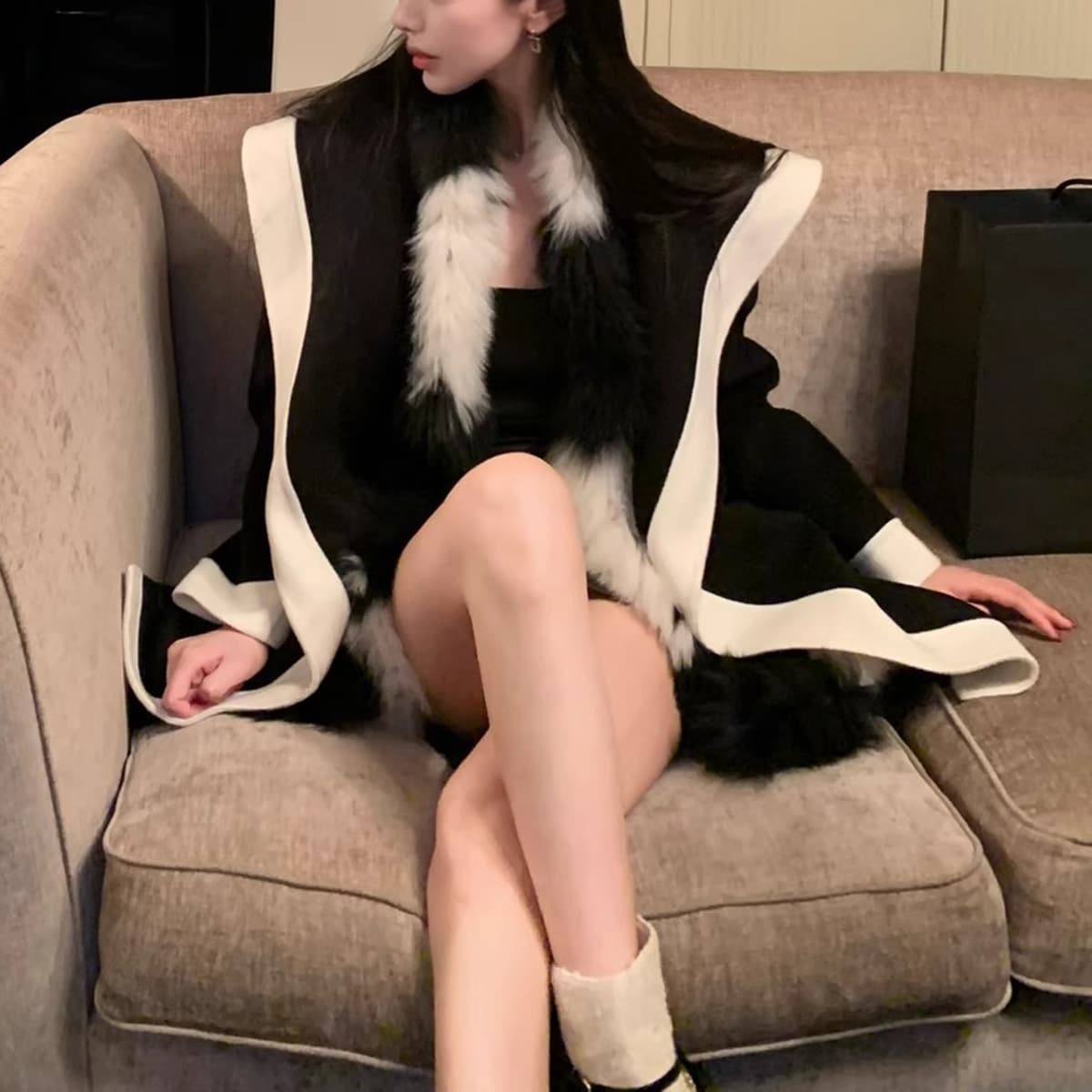 Maxmar* Classic Color-Block Wool Double-Faced Bathrobe Coat for Women, Autumn/Winter Premium Hooded Woolen Overcoat